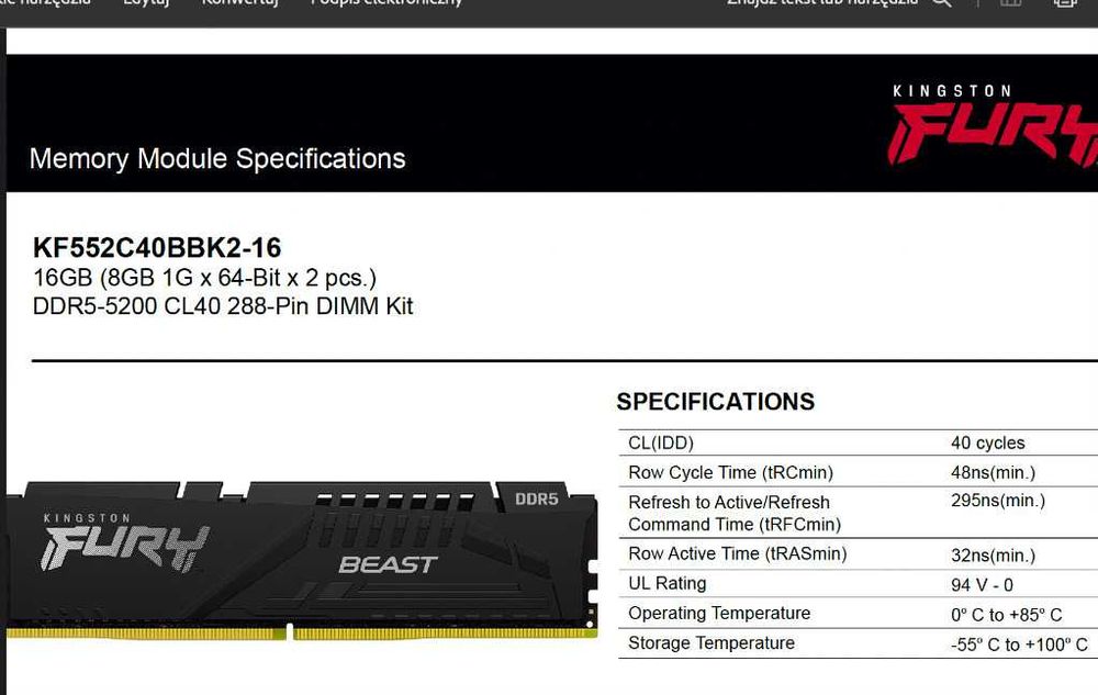 Pamięć RAM Kingston FURY 16GB (2x8GB) 5200MHz CL40 Beast Black DDR5
