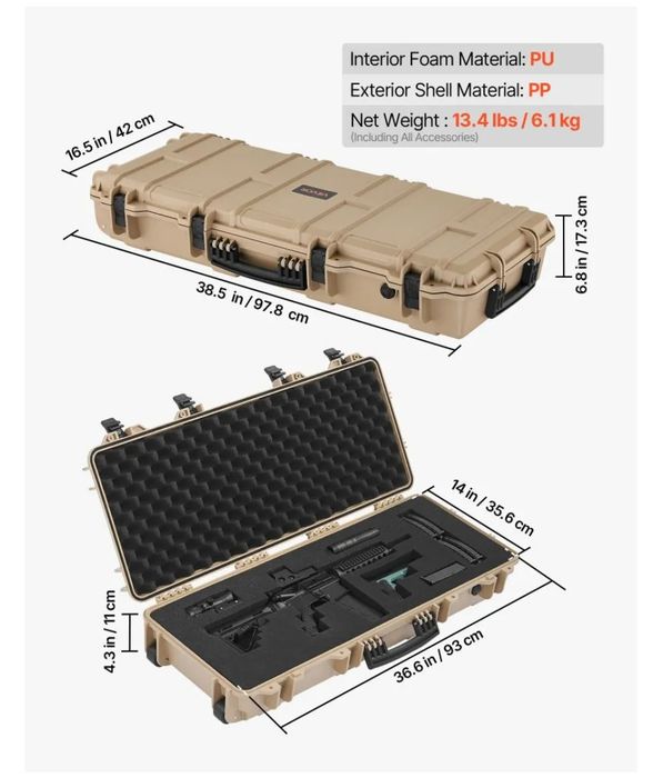 Estojo rígido para rifle VEVOR, com trava, 4 camadas de espuma pré-cortada, capacidade para 91 cm de armas, com rodas - Praticamente nova.