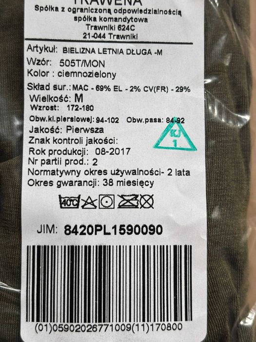 Bielizna letnia długa wz 505T/MON rozmiar M
