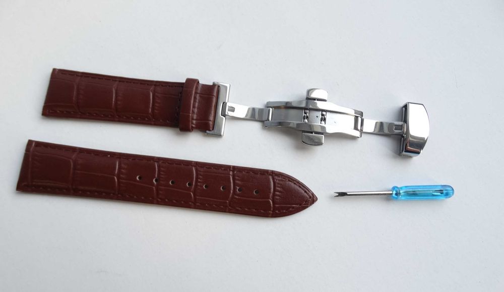 Pasek skórzany do zegarka brązowy 22mm z klamrą zapięciem motylkowym