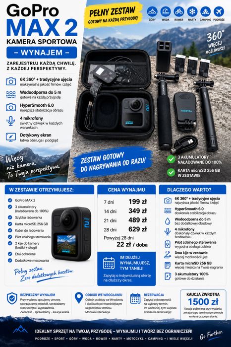 Kamera GoPro MAX2 – WYNAJEM – 360° – 3 AKUMULATORY – 256 GB tylko 22zł / doba