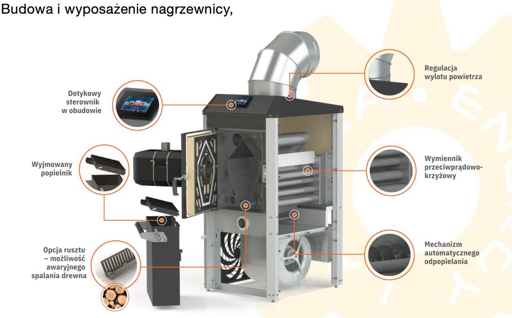 Generator/ nagrzewnica powietrza zasilana pelletem, ogrzewanie hali