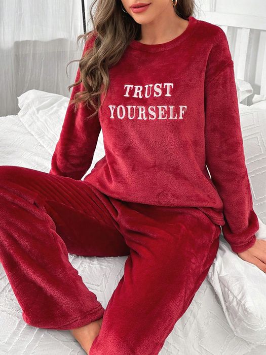 Bluza Pullover Pluszowa Z Haftem Napisy Burgundowa Casual Shein M