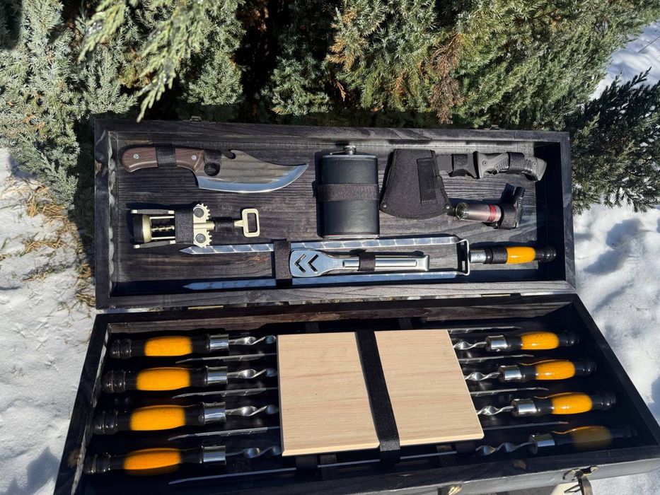 ТОП Набор шампуров в кейсе 8 шт + топор, фляга, тесак Подарок мужчине