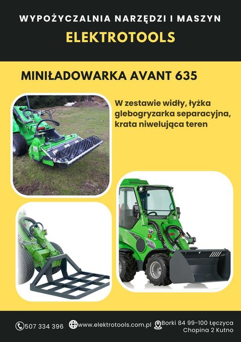 Miniładowarka, separacyjna , widły AVANT, wiertnica do gleby wynajem wypożyczenie