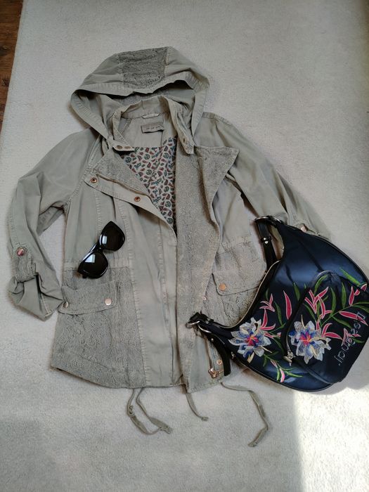 Wiosenna parka damska z koronką kapturem 38 khaki