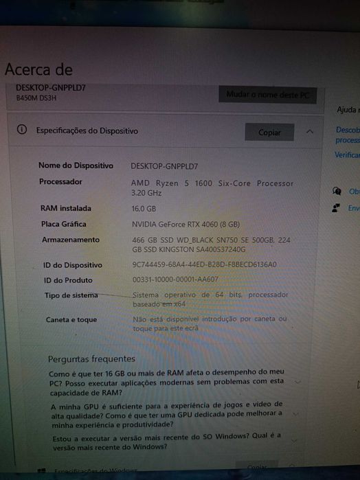 PC Gamer - Ryzen 5 + RTX 4060 8GB + 16GB RAM + Rato e Teclado RGB