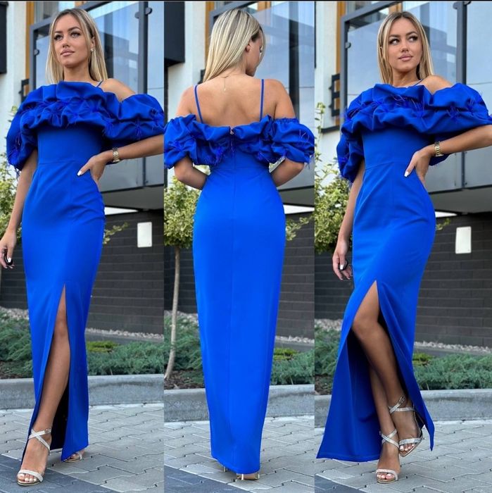 Sukienka chabrowa długa pióra piórka 42,44 marina maxi wieczorowa nowa