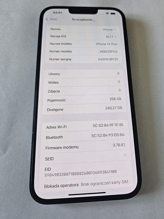 iPhone 14 Plus 256GB Midnight 84% Baterii Bez SIM Lock Pudelko