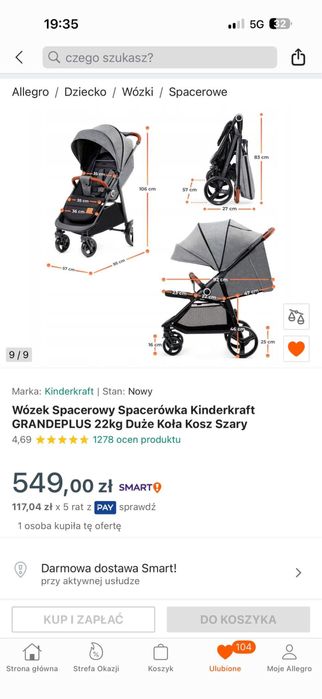 Wózek Spacerowy Spacerówka Kinderkraft GRANDEPLUS 22kg Duże Koła Kosz Szary