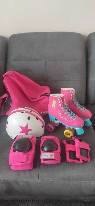 Wrotki dla dziewczynki,różowe,kask, ochraniacze,OXELO, torba, rozm 34