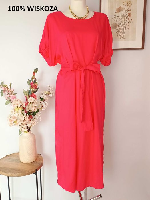 Koralowa różowa sukienka midi  gładka z paskiem  wiskoza 3XL komunia