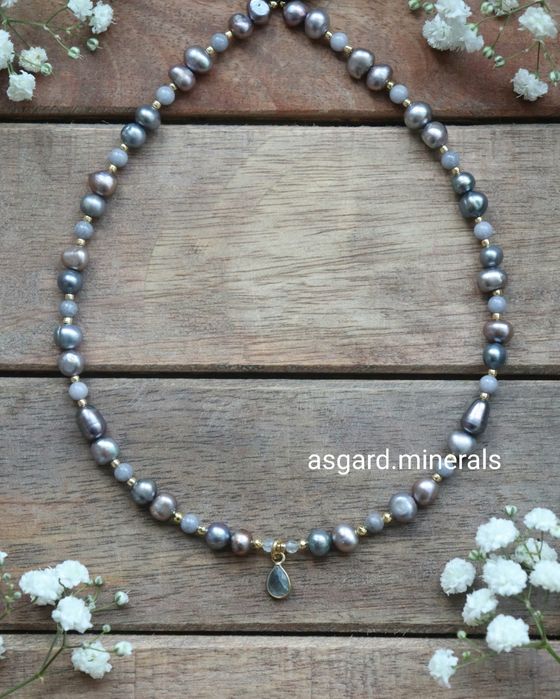 Naszyjnik amulet harmonii perły naturalne labradoryt jadeit hematyt