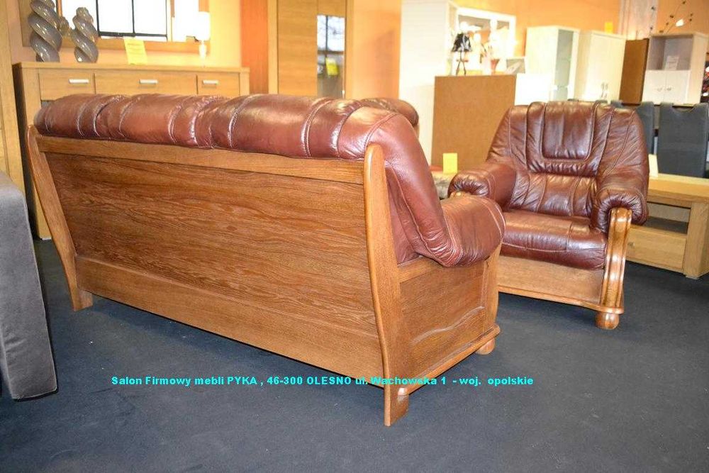 Nowy Komplet 3+1+1 ROMA , SKÓRA NATURALNA + Dąb, -25% MEBLE PYKA