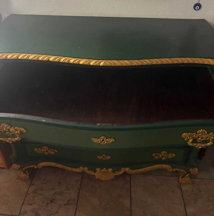 Cómoda estilo Barroco | 4 Gavetas | Verde e Dourado | Século XX