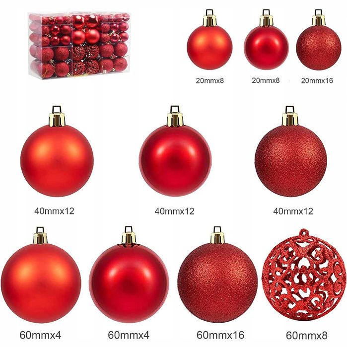 Bombki Choinkowe Zestaw XXL 101 szt Czerwone Wzory + Gwiazda 4 KOLORY