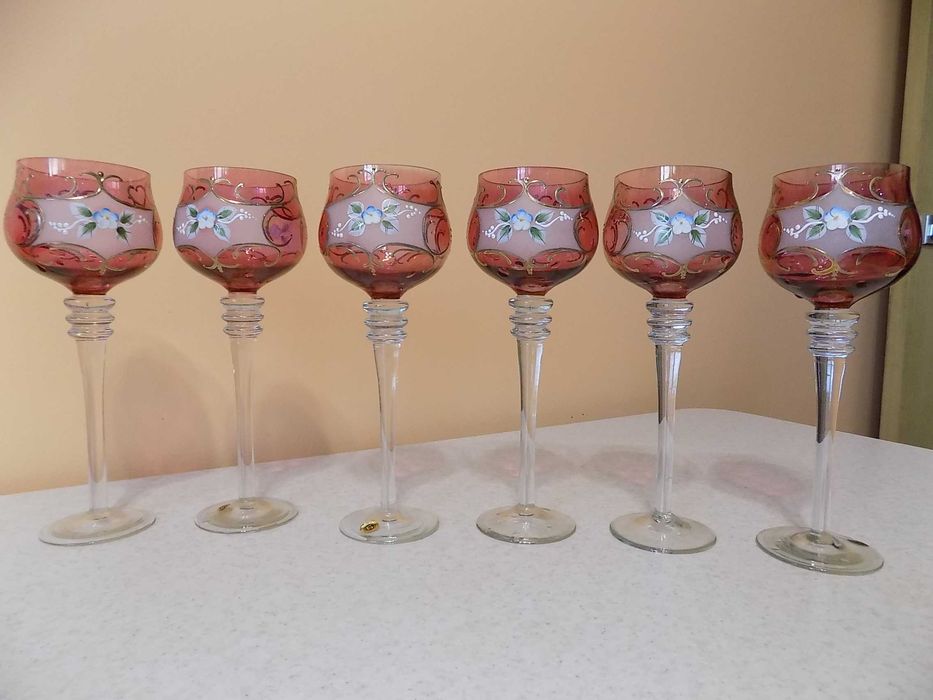 Бокалы бардовые смальта позолота лепка Бережанское стекло 6 шт