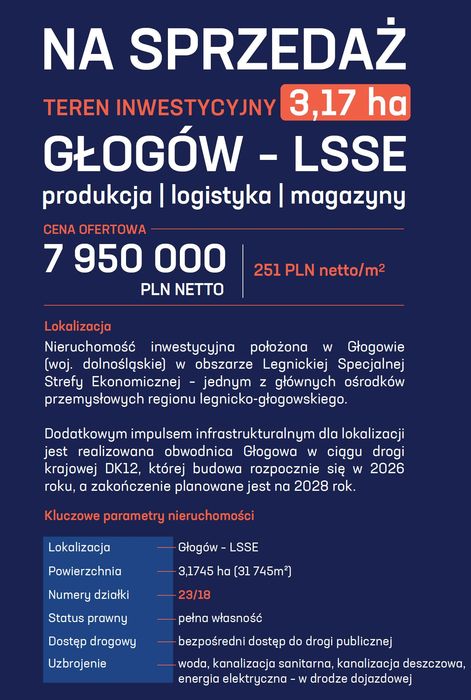 Działka inwestycyjna GŁOGOW LSSE | 3.1733 ha | PRODUKCJA / MAGAZYN | 80% ZABUDOWY | DK12/S3