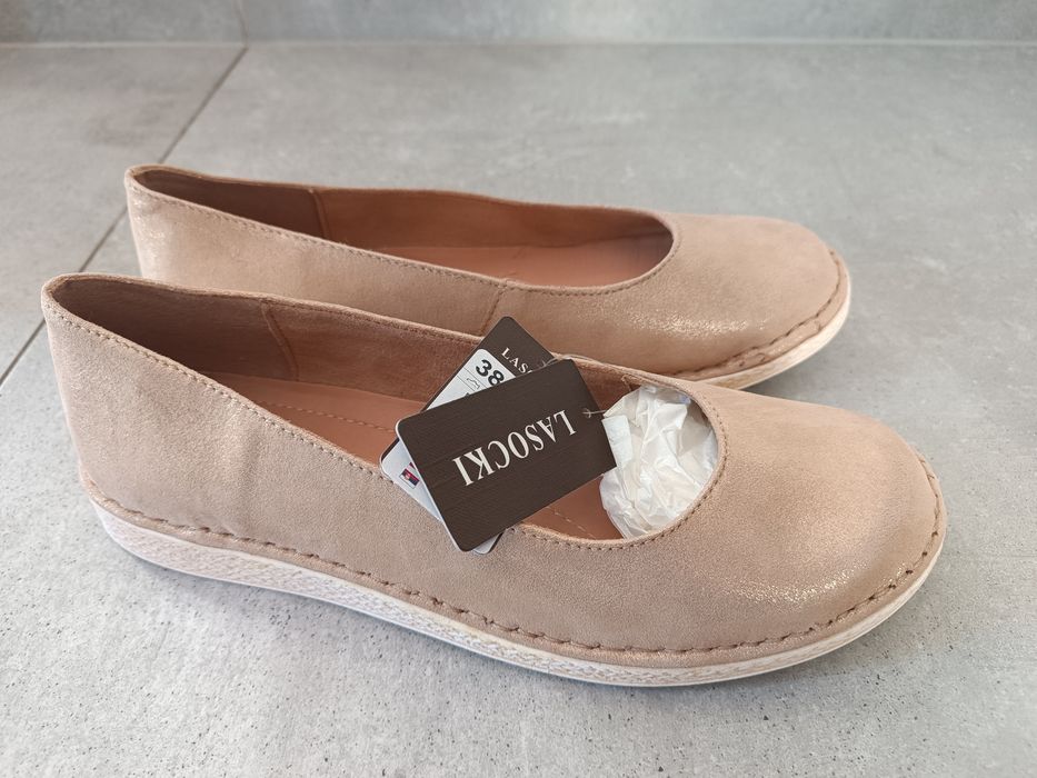 Skórzane buty damskie baleriny pantofle złote skóra naturalna  38 Lasocki