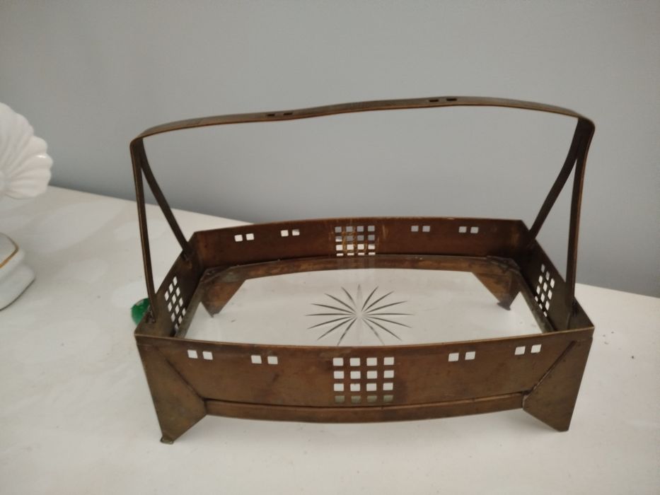 Patera, koszyk mosiężny szkło kryształowe. Zabytek, antyk.