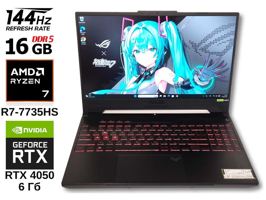 Asus TUF A15 FA507NU 15.6" 144Hz sRGB 100% Ryzen 7 7735HS 16/512 Гб SSD RTX 4050 6Гб 140Вт Ігровий , Гарантія