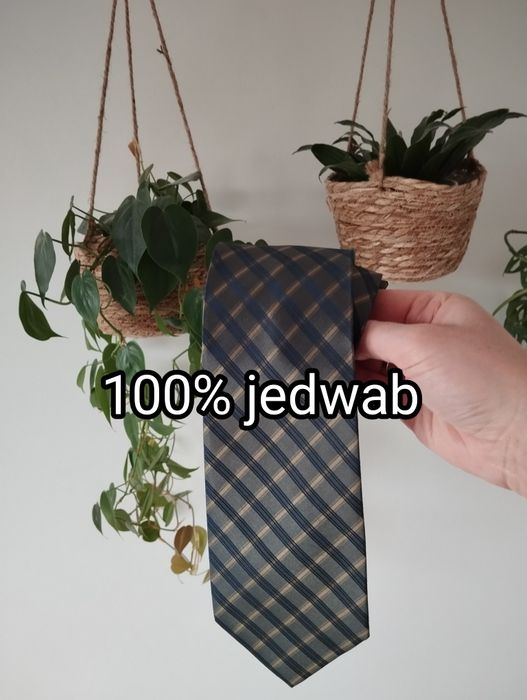 Męski jedwabny krawat 100% silk, ciemnozielony, khaki, kratka, 9,5 cm