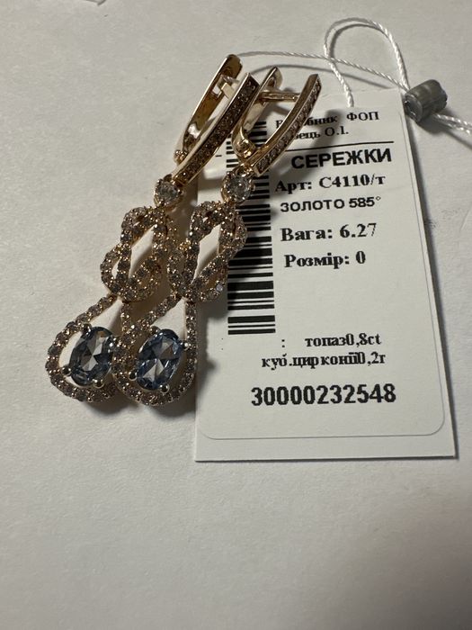 Сережки з топазом 6.28г( 0,8ct), цирконій(0.02) золото 585 проба