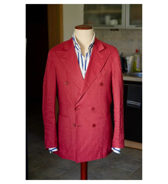 Ultralekka neapolitańska marynarka dwurzędowa Blu Studio r48 (50), 100% len, 6x2, zgaszona czerwień