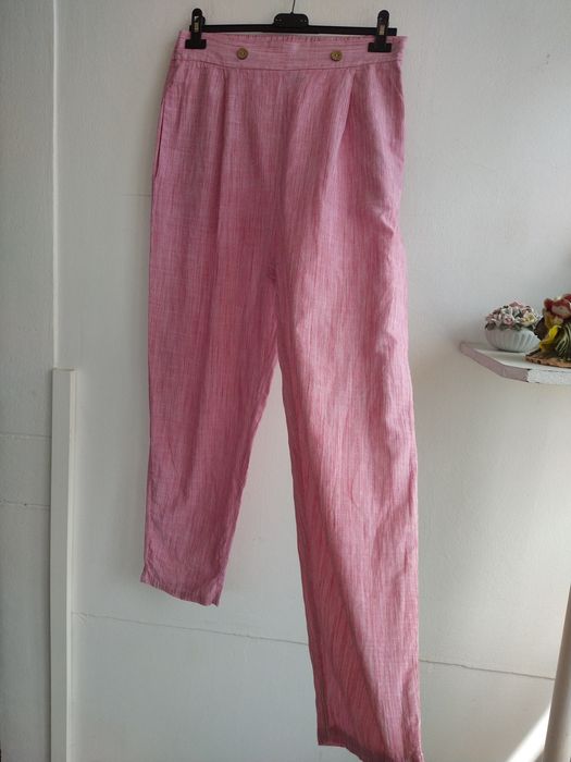 Calças de Cintura Alta Algodão às Riscas Vermelho e Branco - Emery Rose - Tamanho L