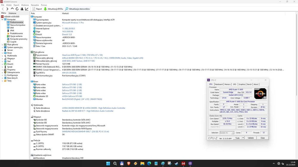 Komputer AMD Ryzen5 1600/ 12GB /256GB SSD / GTX 960 2GB / B450 /Win11
