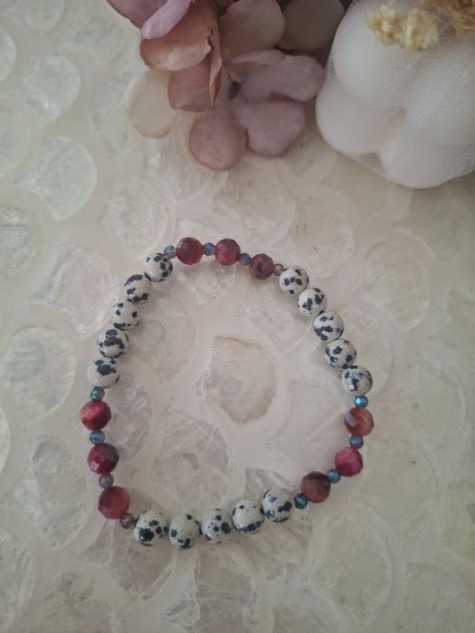 Bransoletka handmade z naturalnych kamieni hematyt jaspis dalmatyński i tygrysie oko