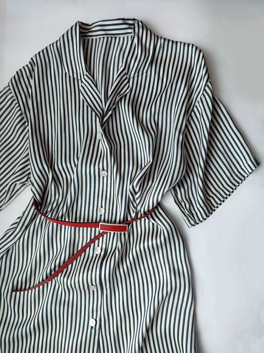 Натуральное 100% шелковое платье рубашка в полоску в бельевом стиле