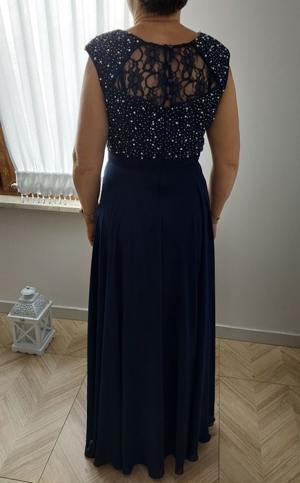 Piękna granatowa sukienka maxi długa elegancka perełki stan idelany 38