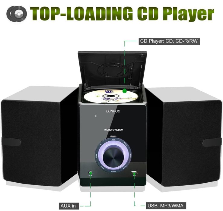 Lonpoo Micro HiFi z odtwarzaczem CD, Bluetooth, radiem FM, USB,
