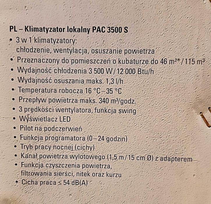 Klimatyzator przenośny 3,5 kW 46 m² / 115 m³