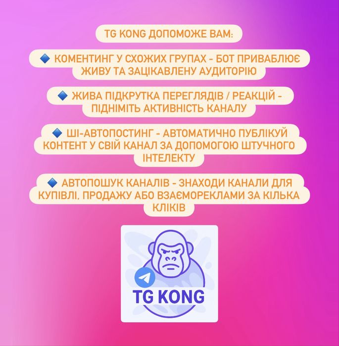 Помічник у веденні/рекламі/просуванню власних телеграм каналів ТГ БОТ