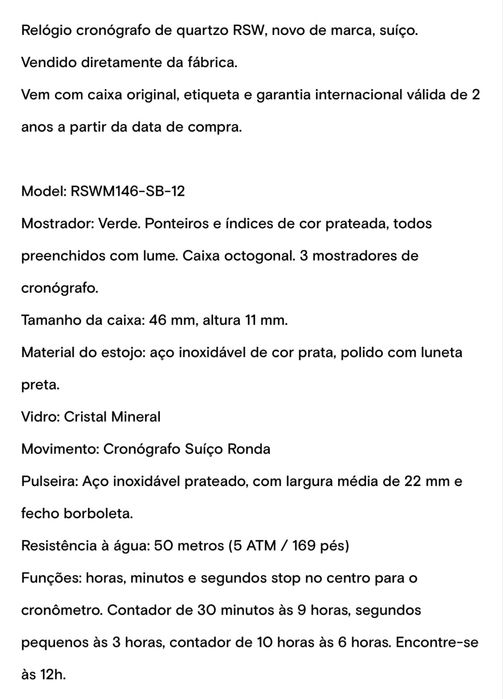 Excelente relógio Suiço RSW novo com garantia de fabrica .