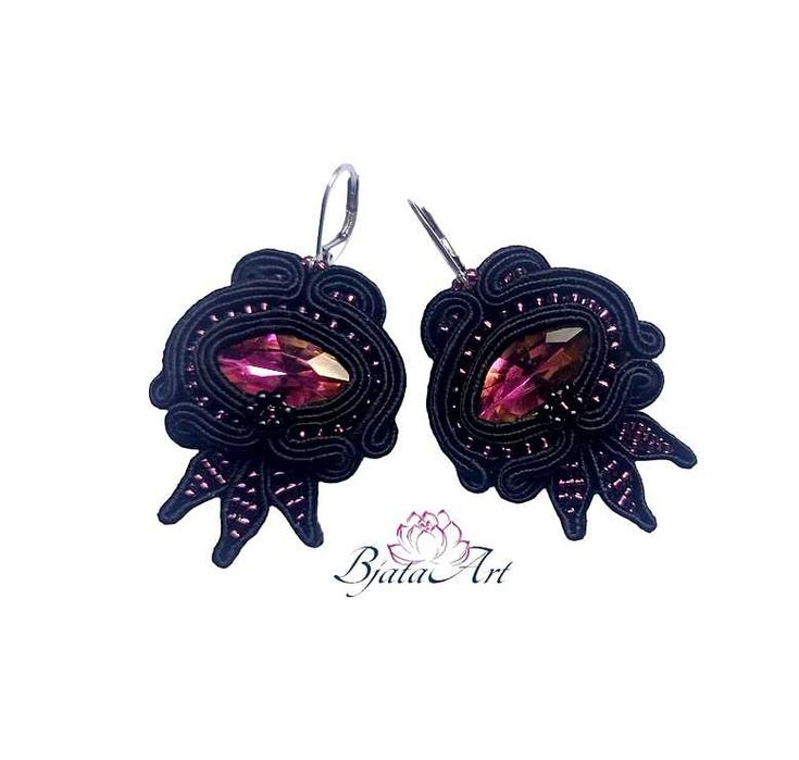Kolczyki Haft Sutasz Vitrail Light Czarne Soutache BjataArt