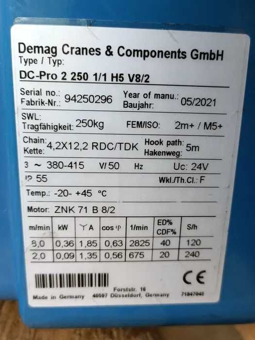 Wciągarka łańcuchowa DEMAG DC PRO2 250 kg NOWA
