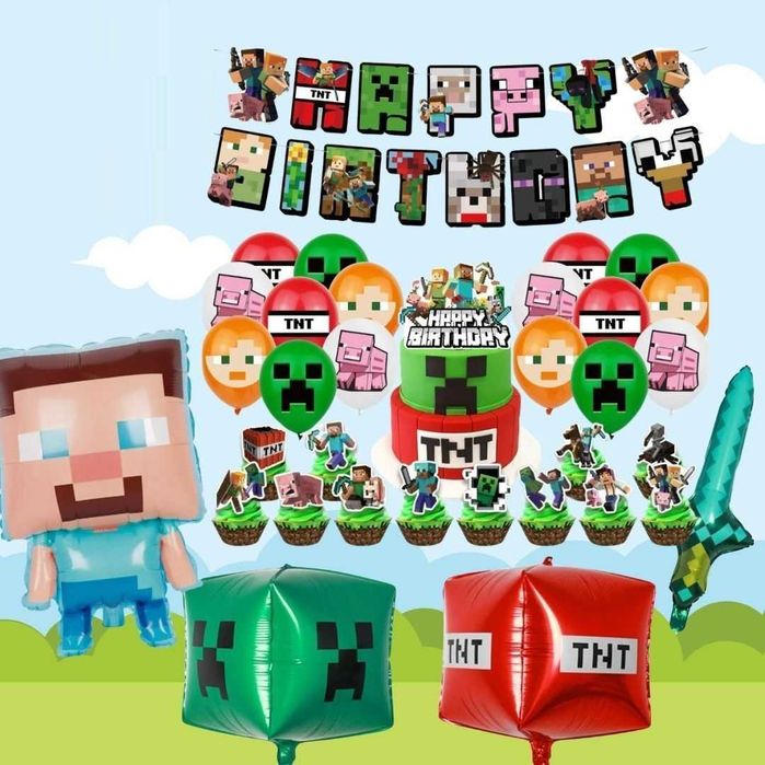 Duży zestaw urodzinowy Minecraft balony napis tort komplet