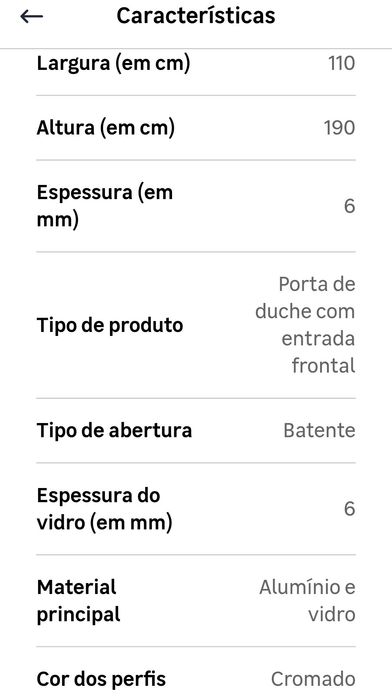 Porta de chuveiro frontal com abertura vaivém 110cm x 190cm