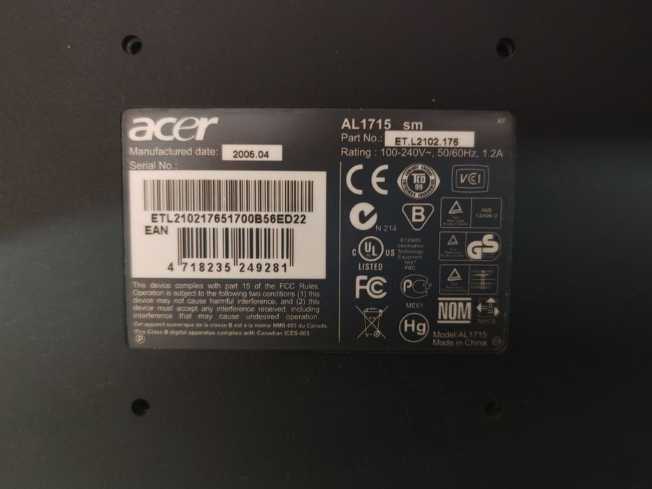 Monitor Acer 17 polegadas