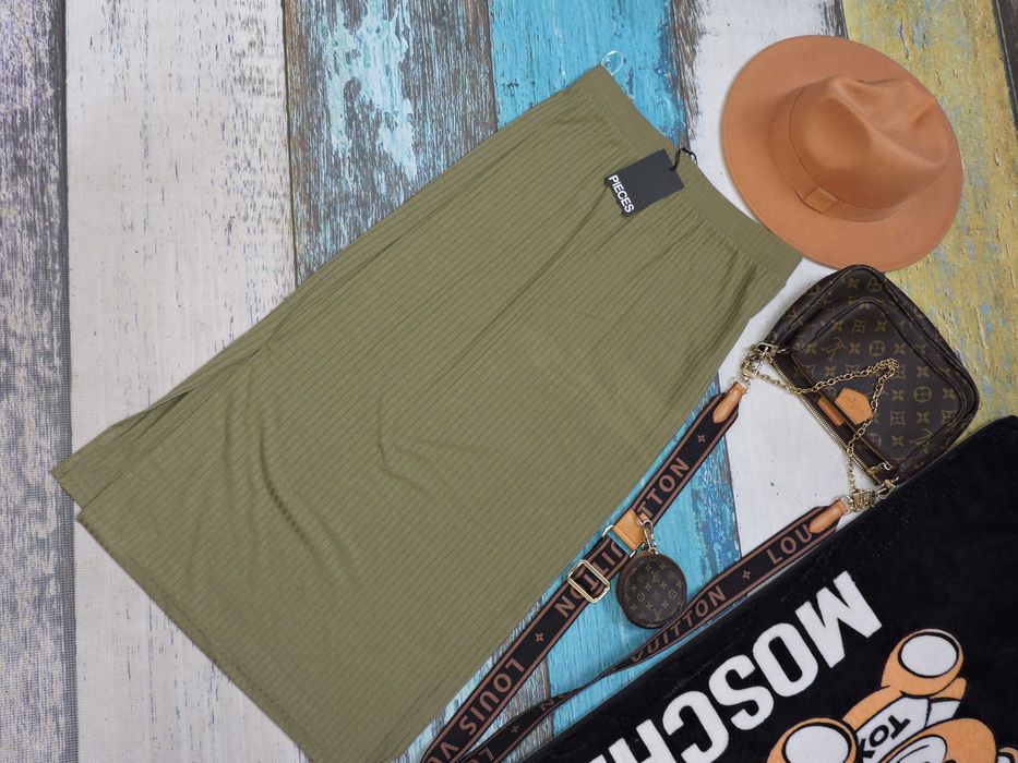 Pieces Nowa spódnica midi khaki rozporek M