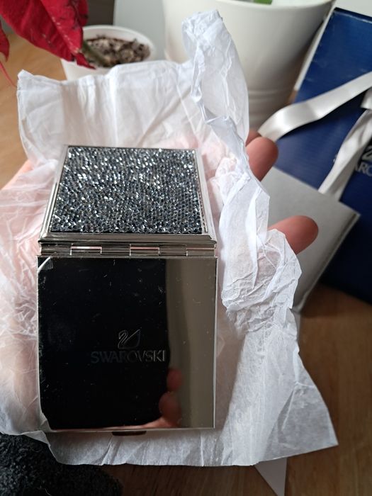 Espelho compacto Swarovski Crystals duplo lado quadrado preto prata