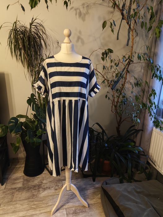 Sukienka w paski marynarska ciążowa elegancka weselna granatowa xxl