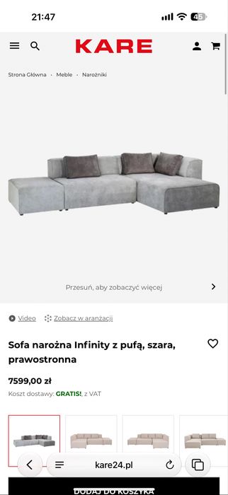 Sofa narożna Infinity z pufą szara kare