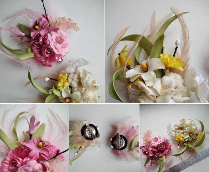 Заколки - броши - композиция из исксственных цветов, новые -300 обе!