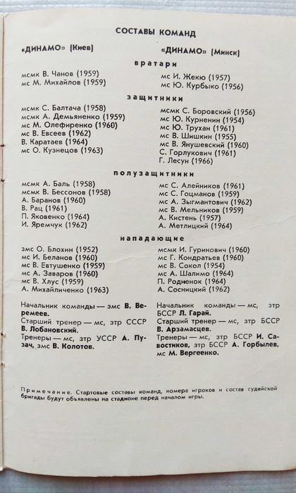 Футбол. "Динамо" Киев - "Динамо" Минск, Программа 1985