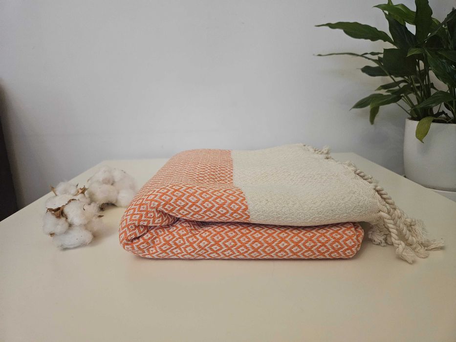 Wielofunkcyjny turecki bawełniany Peshtemal 100x180 kremowo koralowy