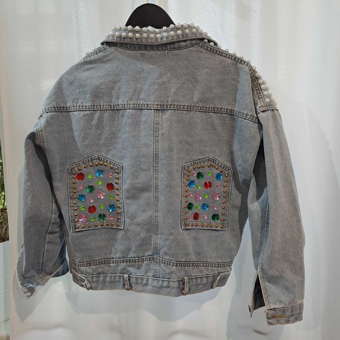 Piękna Miękka Błękitna Katana Kurtka Jeansowa Cyrkonie Perły M/L